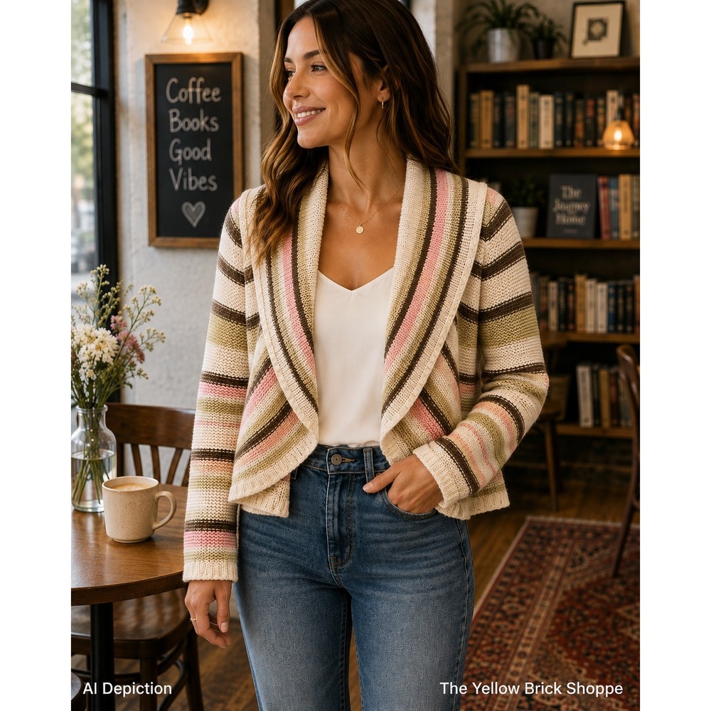 Lark Lane At First Blush Striped Metallic Shawl Collar Open Front Cardigan S NWT